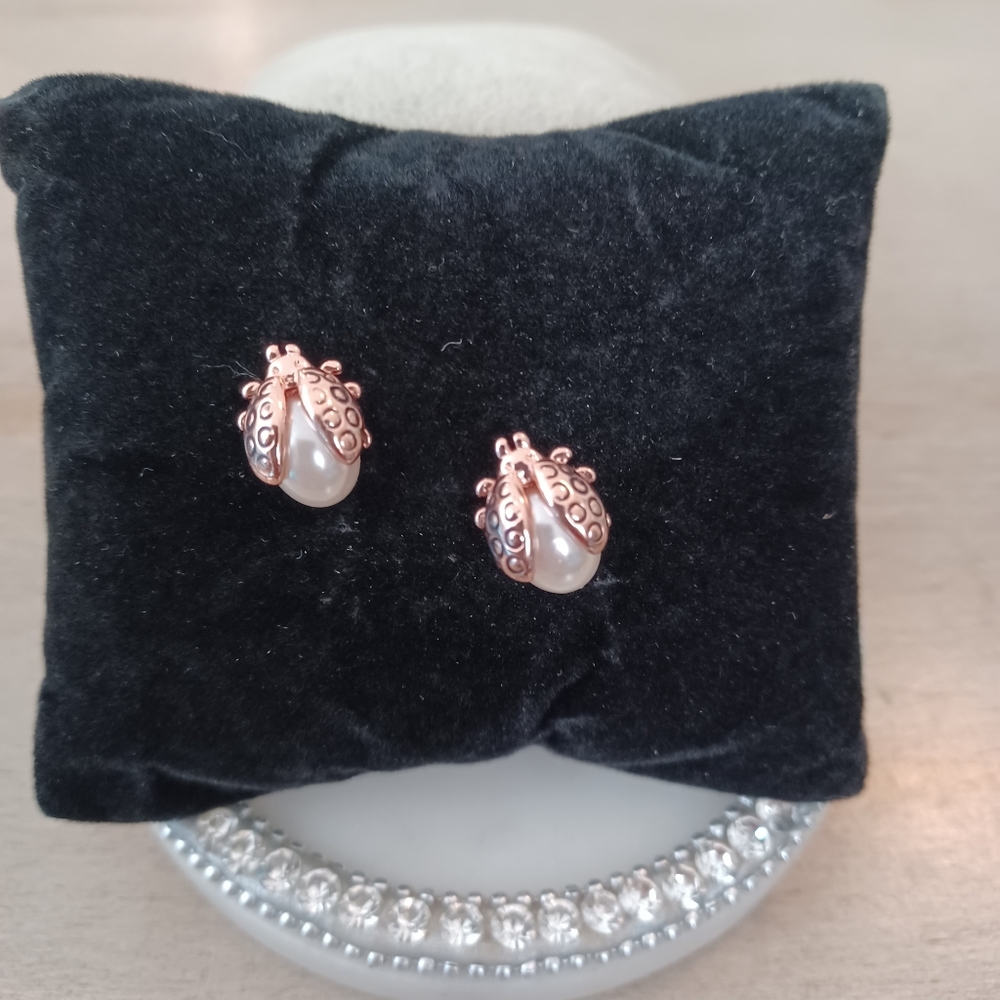 Rose Goldtone Pearl Good Luck Ladybug Stud Earrings - Picture 5 of 5